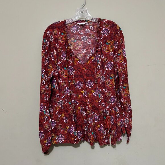 Time & Tru Boho Floral Peplum Top – Rust Red Long Sleeve V-Neck Size XL - Picture 1 of 5